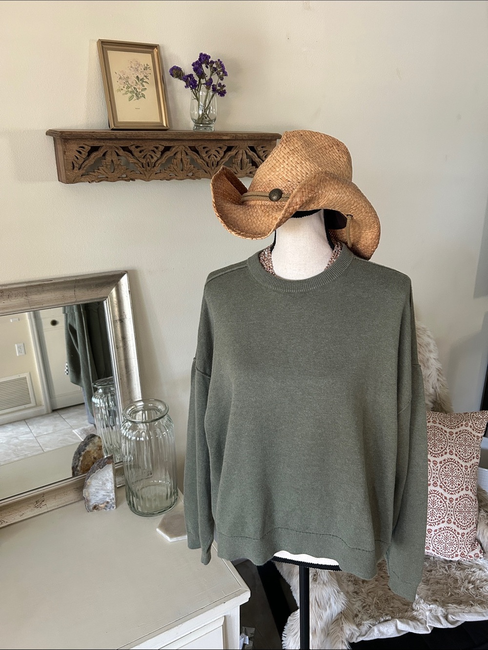 J. Crew olive green drop shoulder, cotton, classic crewneck sweater XL